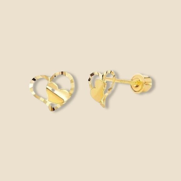 14K Yellow Gold Heart Stud Earrings with Screw Backs - Picture 3 of 4